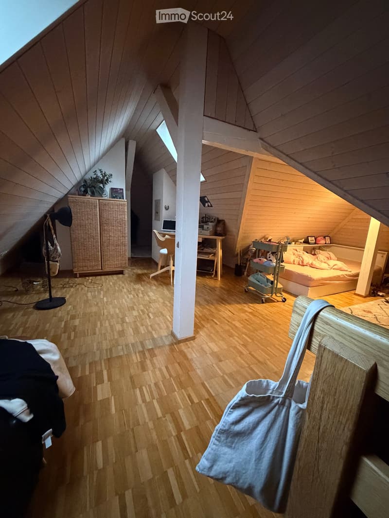 Loft-style room with wooden floors, slanted ceilings, and multiple zones including a sleeping area, workspace, and storage. Features a bed, chair, table, cabinet, laptop, floor lamp, and plant.