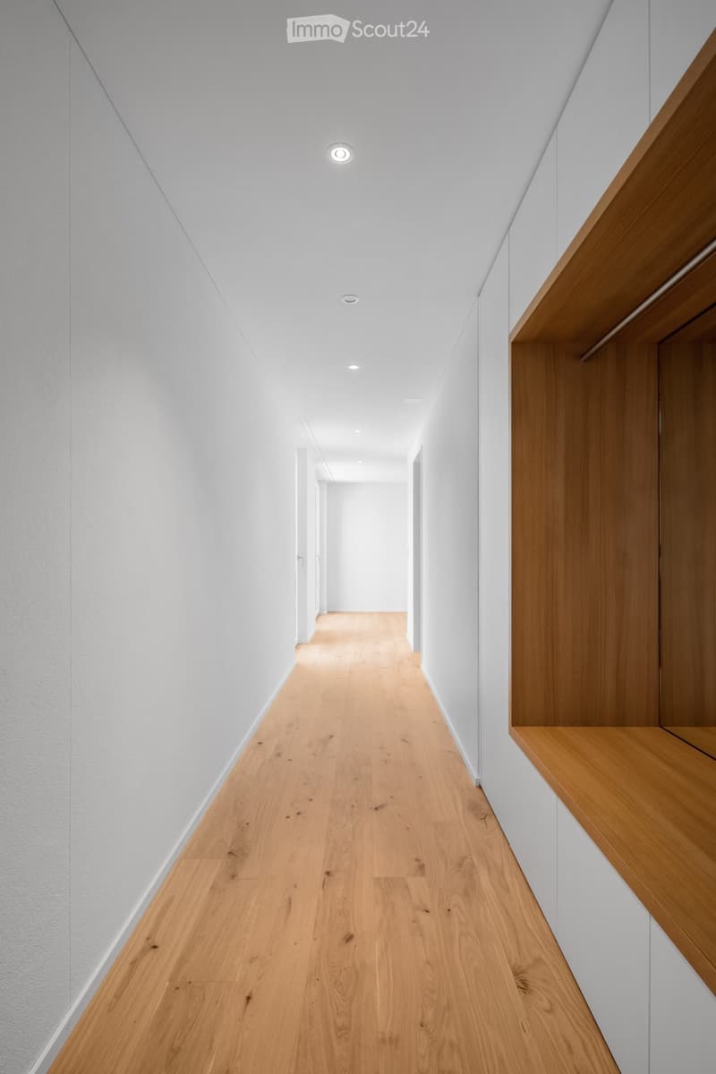 Modern hallway with light wooden flooring, white walls, and built-in wooden shelving on one side.
