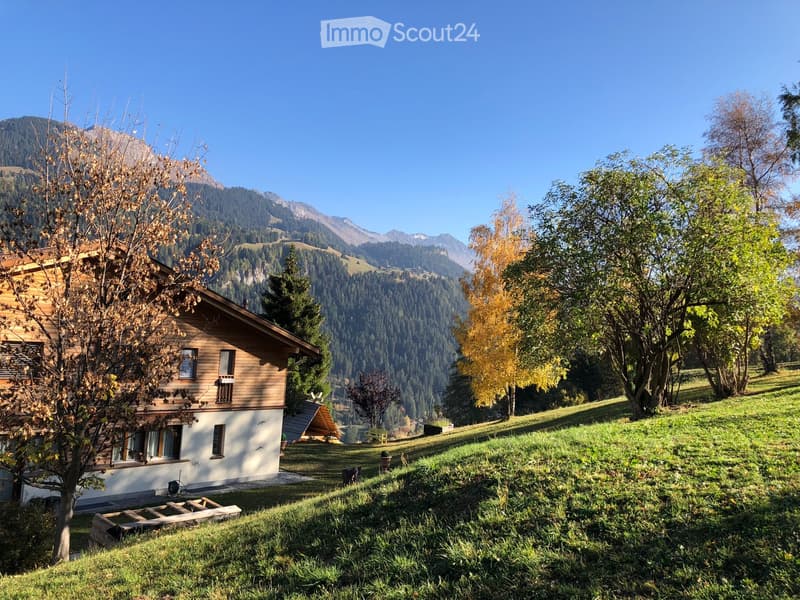 A wooden house with a sloped roof and white walls, situated on a grassy slope with trees and a mountain backdrop.