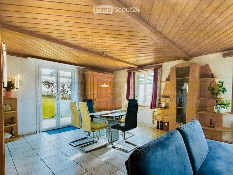 A cozy living and dining area with a wooden ceiling, tiled floor, and large windows. Features a blue sofa, dining table with chairs, wooden cabinets, and decorative plants.