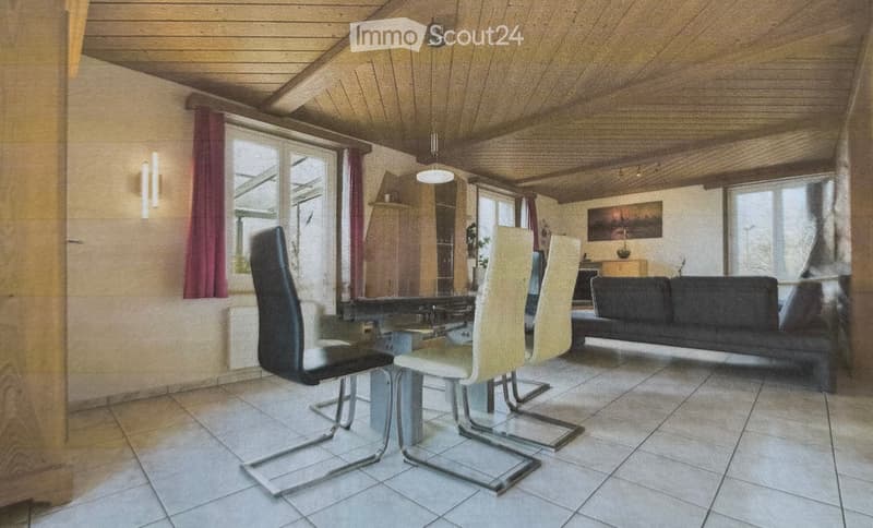 A modern living and dining area with a dark leather sofa, a glass dining table with chairs, and a pendant light hanging from the ceiling.