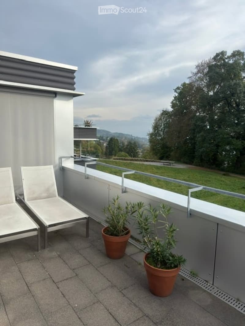 Modern rooftop terrace with white lounge chairs, potted plants, and a scenic mountain view.