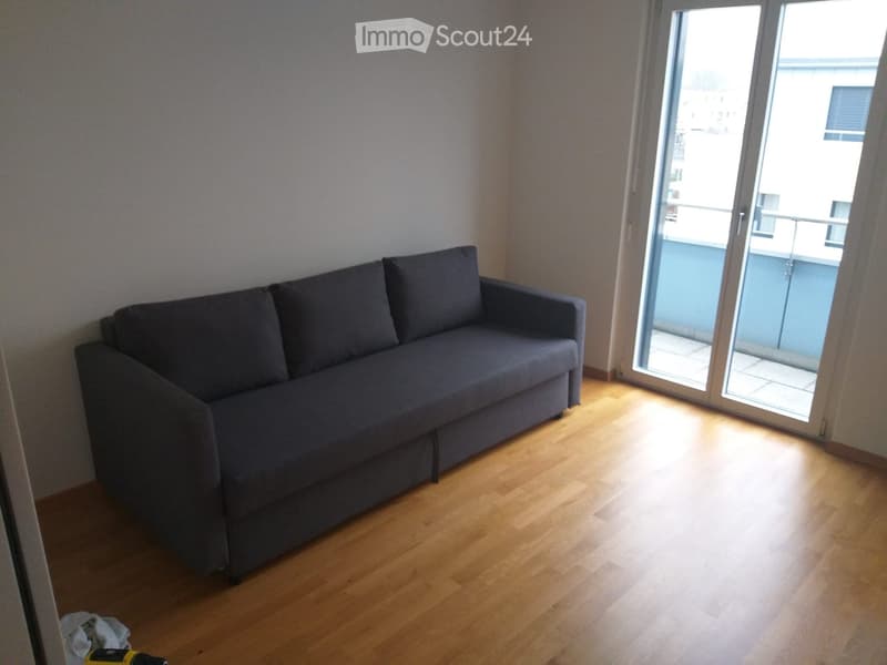 A modern living room with a grey sectional sofa, wooden flooring, and a large sliding glass door leading to a balcony.