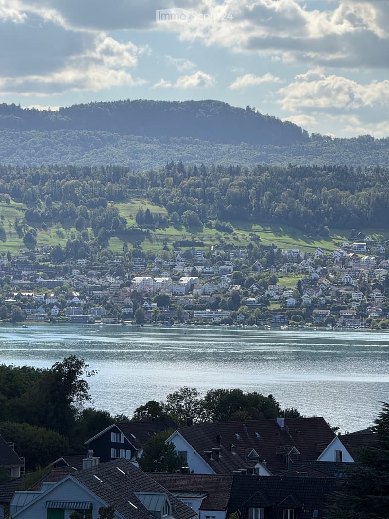 A scenic view of a town situated along a lake, with houses and buildings clustered on the shore, surrounded by lush green hills and trees under a partly cloudy sky.