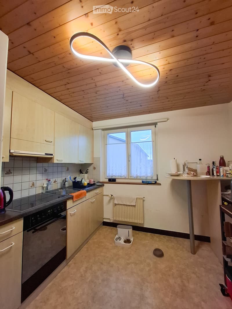 The kitchen features light wooden cabinets, a black countertop, and a modern LED light fixture. A window with white curtains allows natural light to enter. A cat feeder is placed on the floor, and various kitchen items are visible on the counter and shelv