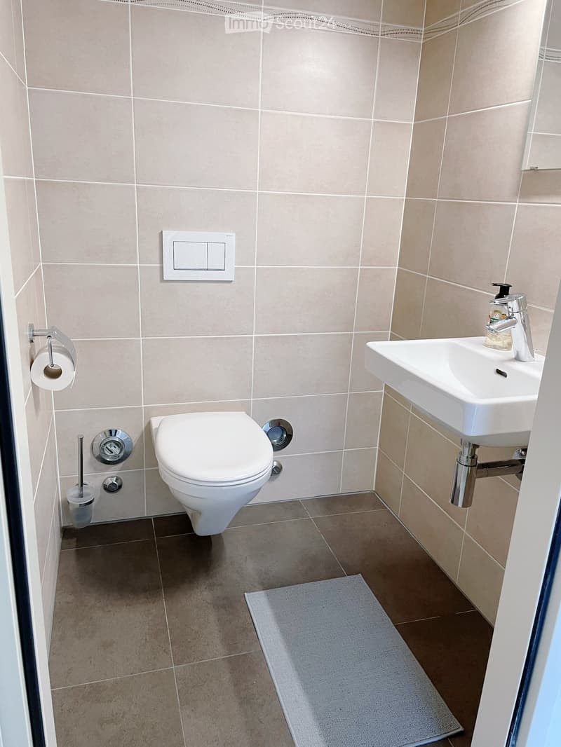 Modern bathroom with beige tiled walls, a white toilet, a white sink with a chrome faucet, a toilet paper holder, a toilet brush holder, a light switch, and a gray bathroom mat on the floor.