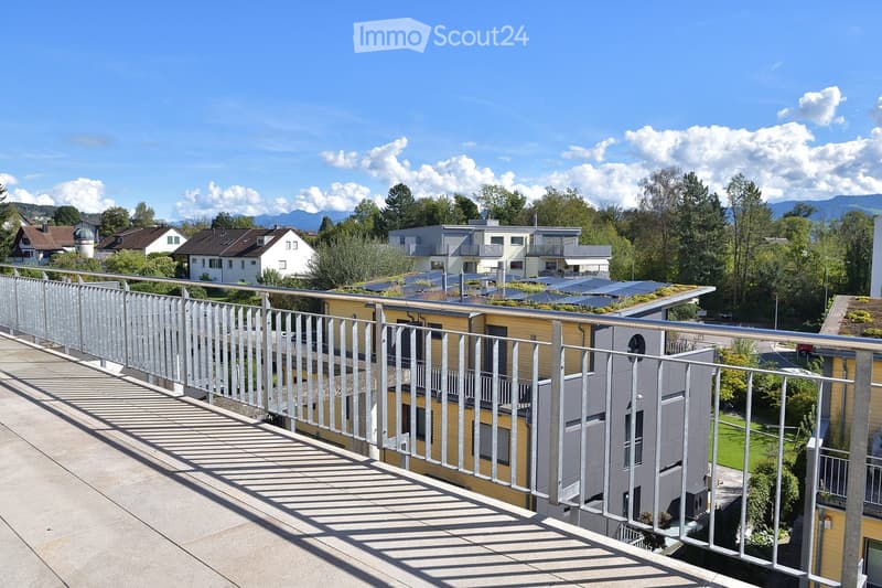 Balcony with metal railing overlooking a residential area with houses, trees, and distant mountains under a clear sky.