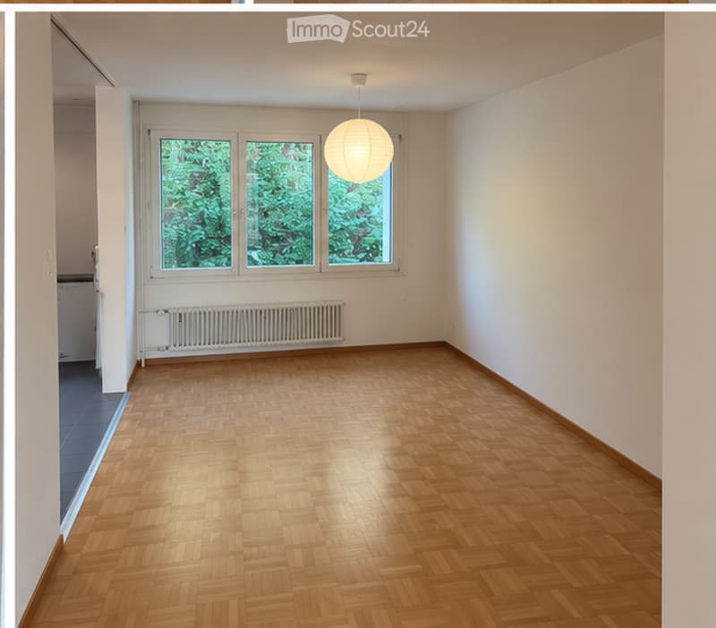 Completely empty room with wooden parquet flooring, white walls, large window with green view, radiator, and a hanging spherical light fixture.