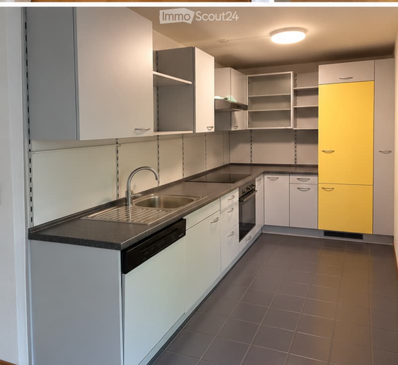 Modern kitchen with white and grey cabinets, black countertop, stainless steel sink, and built-in appliances including an oven and dishwasher.