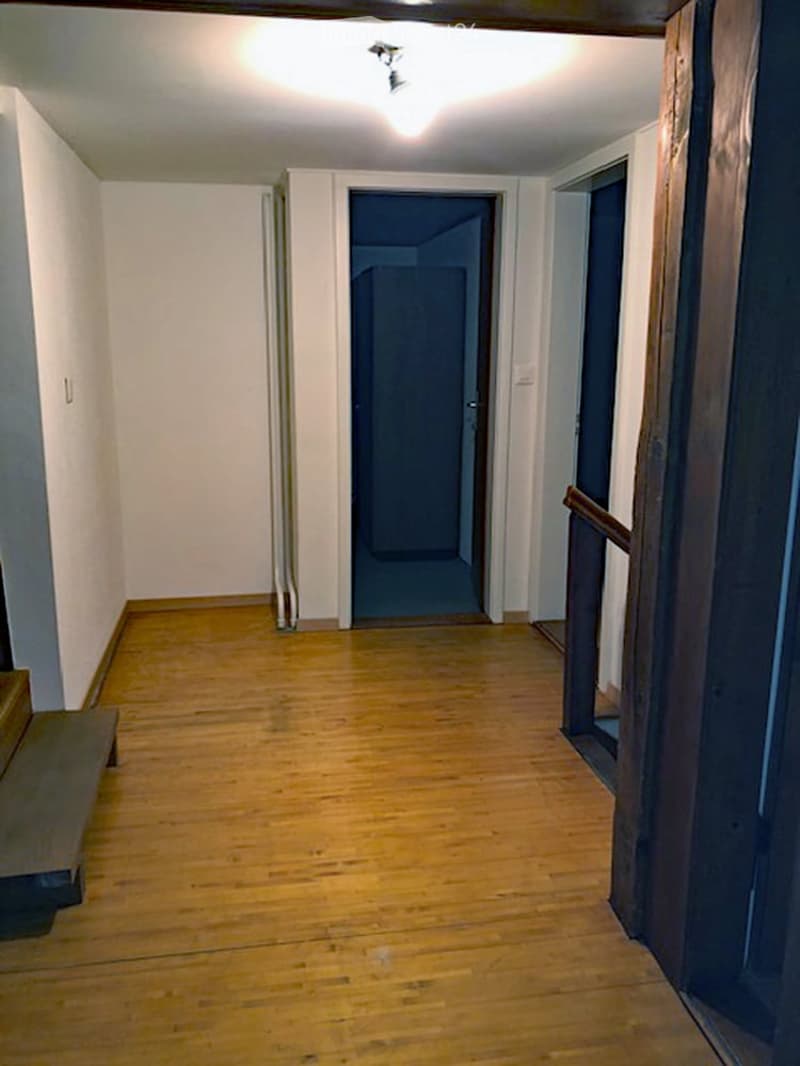 Empty wooden floor hallway, white walls, two closed doors, stairs, ceiling light