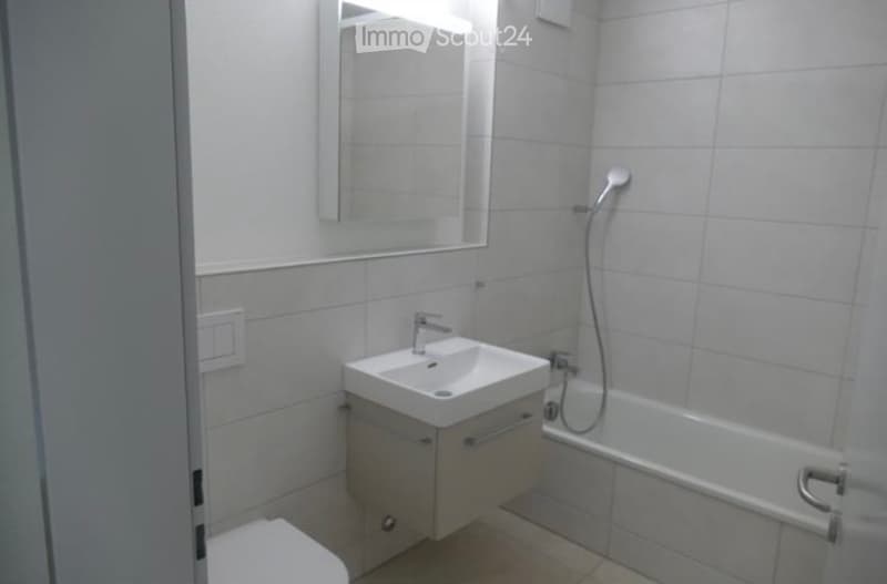 Modern bathroom with white tiles, a sink with a mirror above, a bathtub with a handheld shower, and a toilet.