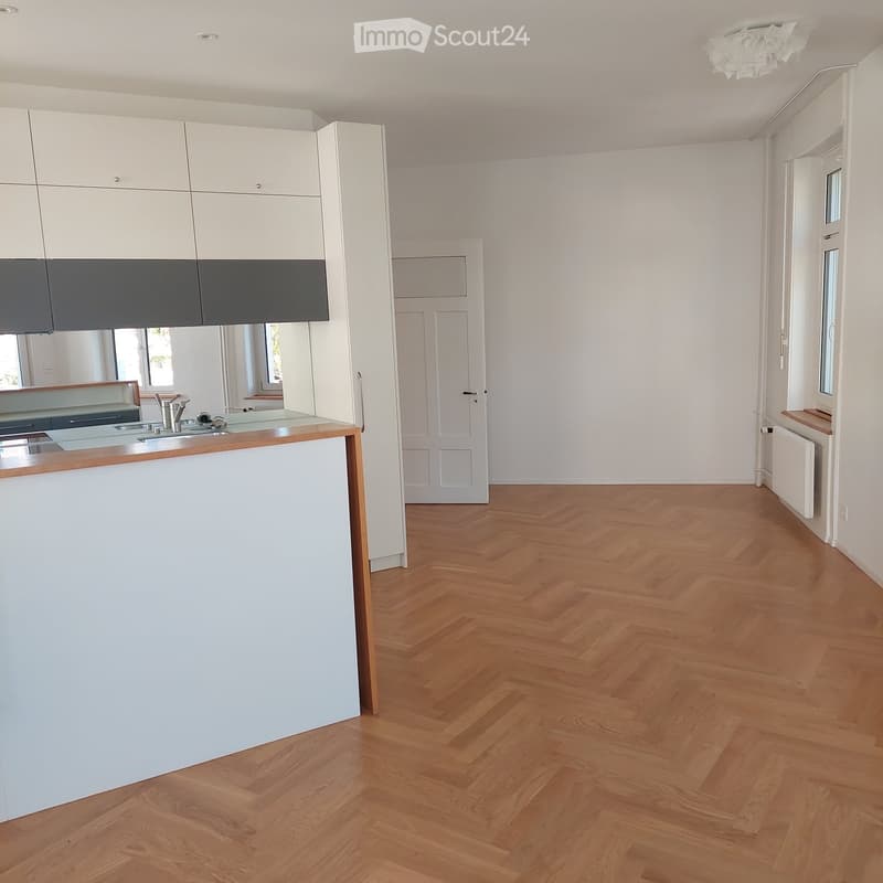Empty room with wooden herringbone flooring, white walls, and a white kitchen counter with sink and cabinets visible in the background.