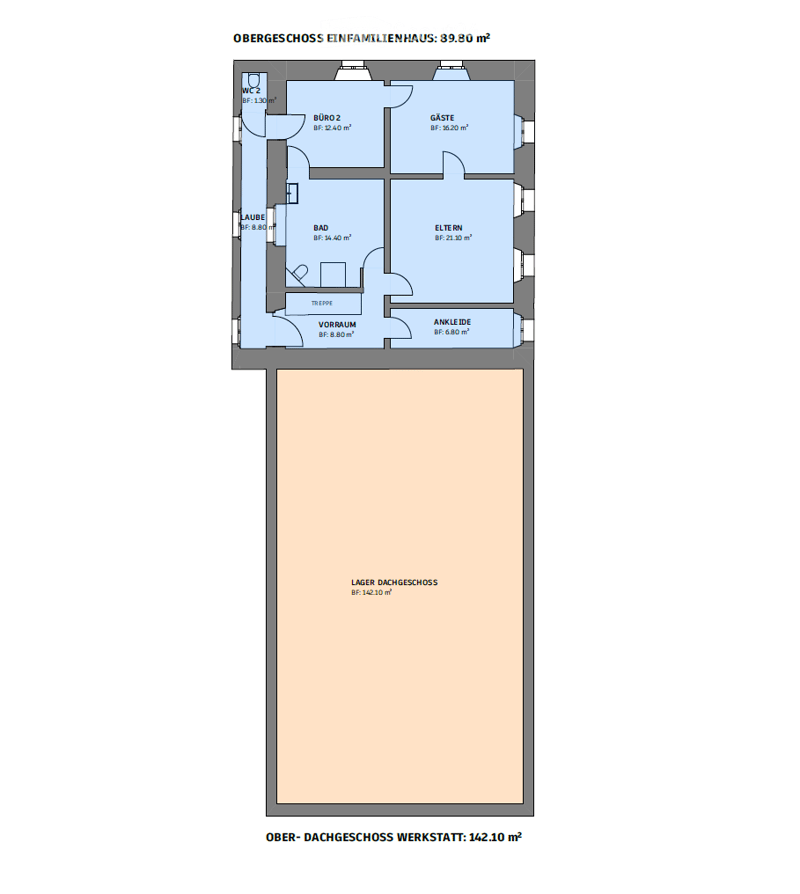 Floor plan of the upper floor of a single-family house, including a bathroom, living room, bedroom, hallway, and attic space.