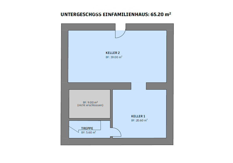 Floor plan of a basement level in a single-family house, showing two basement rooms (Keller 1 and Keller 2), a staircase (Treppe), and an unopened area.