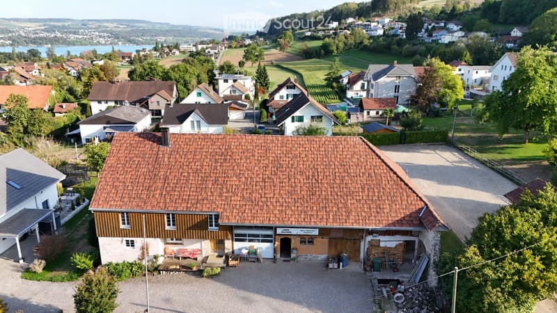 Aerial view of a rural residential area with multiple houses, surrounded by greenery and a body of water in the background.