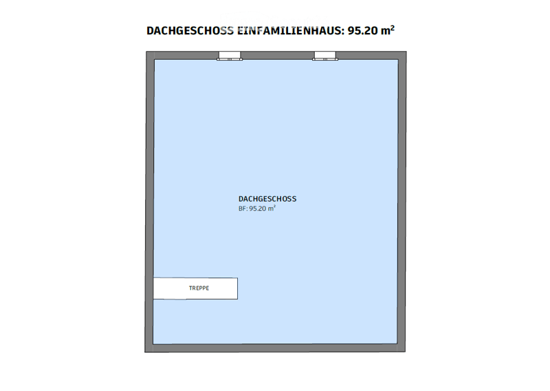 Floor plan of a roof level in a single-family house, showing a single room with a staircase leading down.