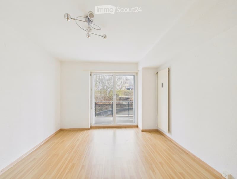 Empty room with light wooden flooring, white walls, and a large glass door leading to a balcony.