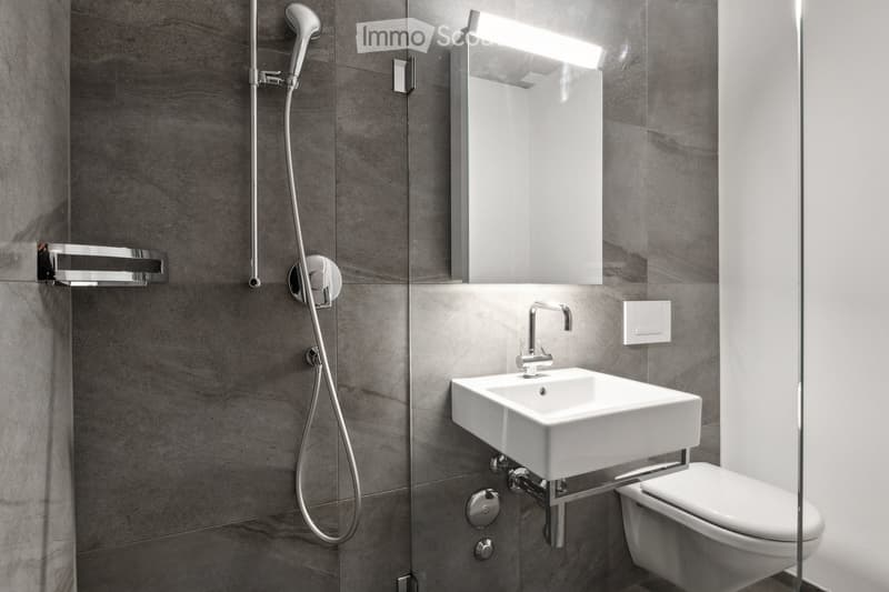 Modern bathroom with grey tiled walls, a white sink, toilet, and a shower with a handheld sprayer and a built-in shelf.