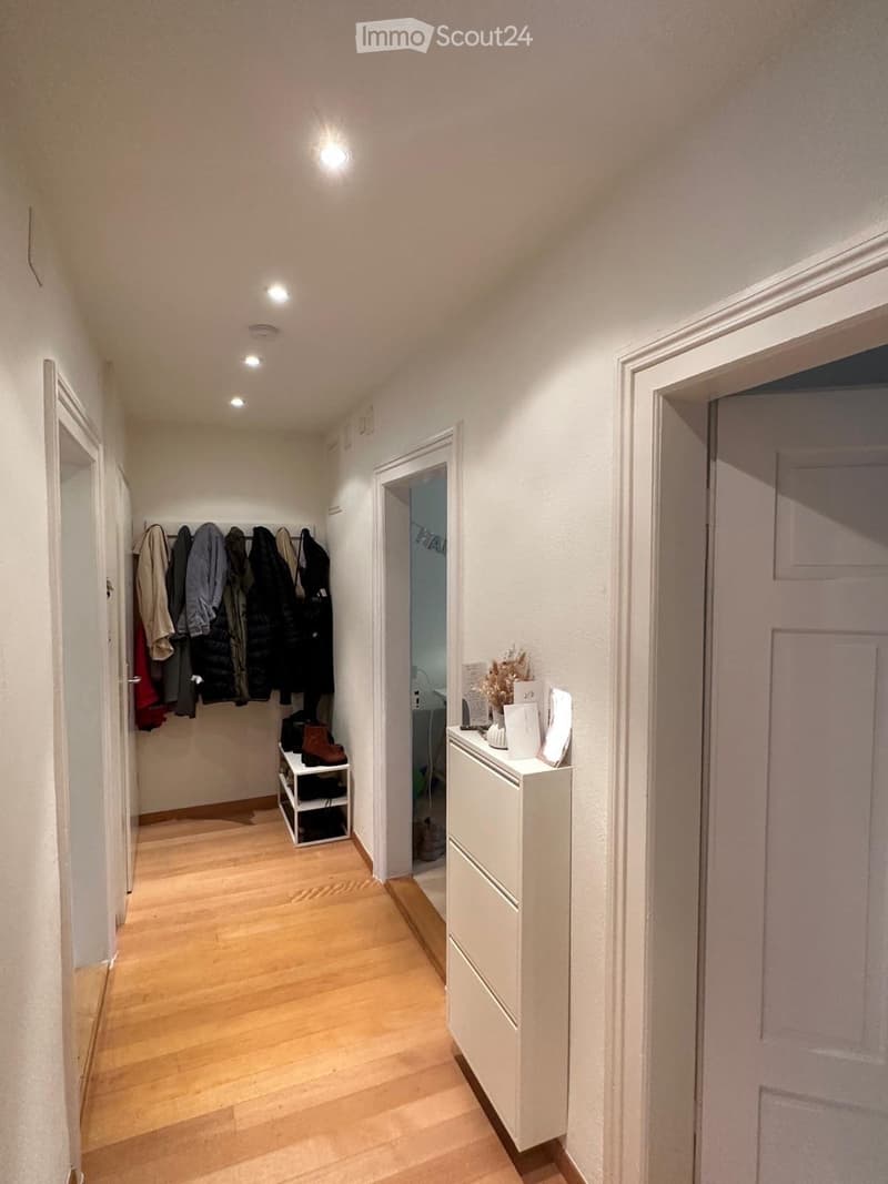 A narrow hallway with wooden flooring, white walls, and recessed lighting. Features include a coat rack with jackets, a small shoe shelf, and a white console table with decorative items.