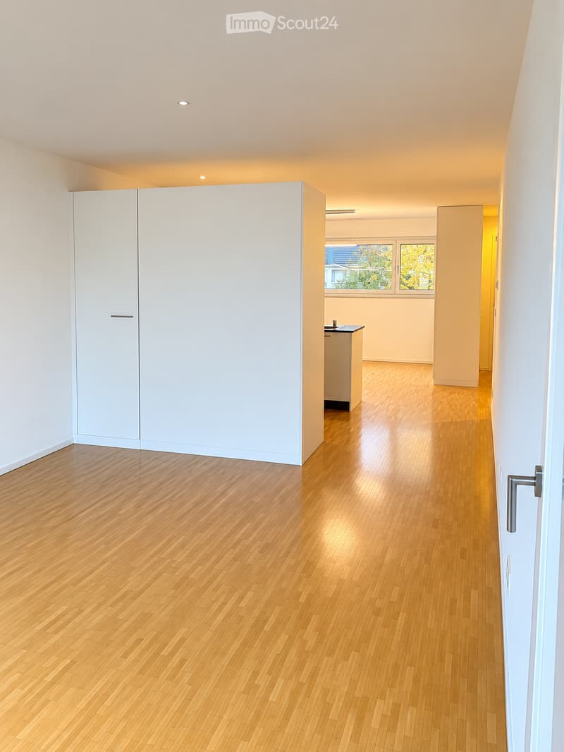 Empty hallway with wooden flooring, white walls, and built-in white closet units. Natural light from a window at the end of the hallway.