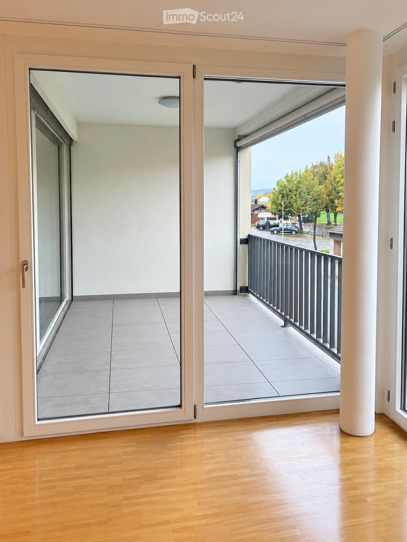 View of a modern balcony area with large glass doors, wooden flooring, and a metal railing overlooking a street with trees and parked cars.