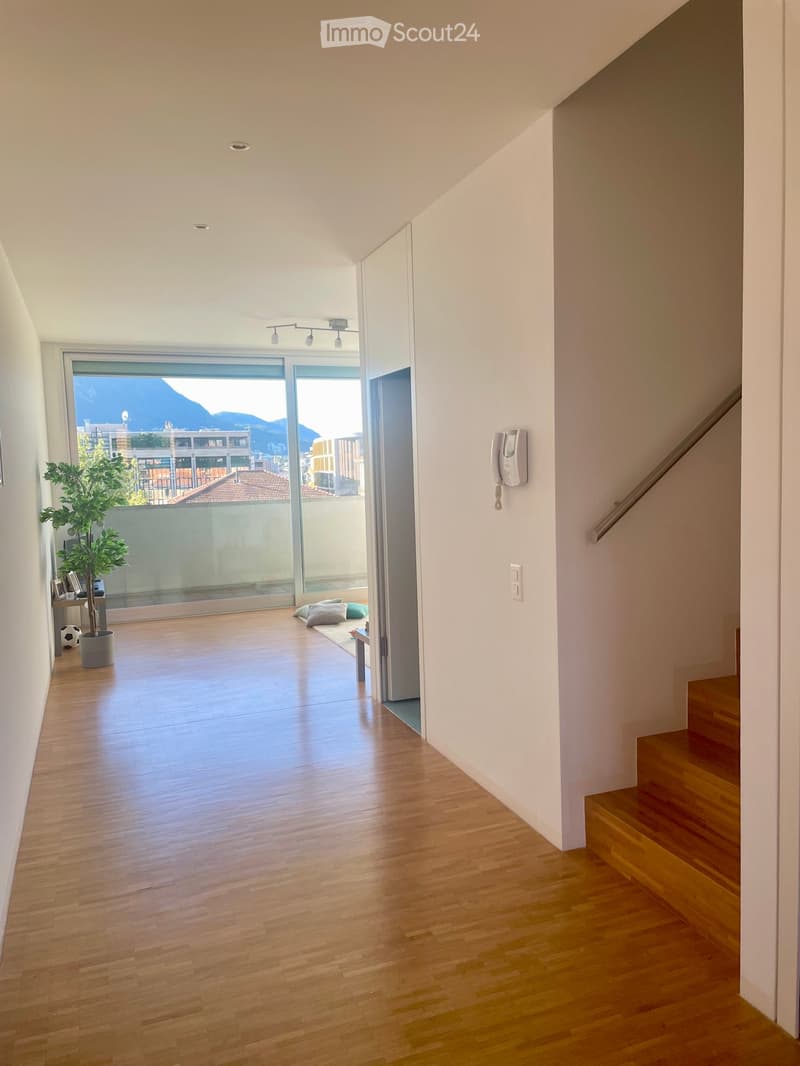 Bright, modern hallway with wooden flooring, a staircase, and a large glass door leading to a balcony with a view of mountains and cityscape. Includes a small table, potted plant, and cushions on the floor.