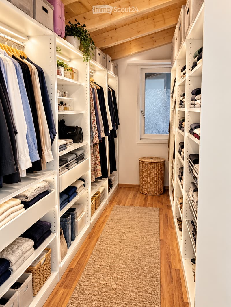 A well-organized walk-in closet with white built-in wardrobes and shelves, filled with neatly arranged clothing, folded towels, and accessories. A wicker basket and potted plant add a touch of warmth to the space.