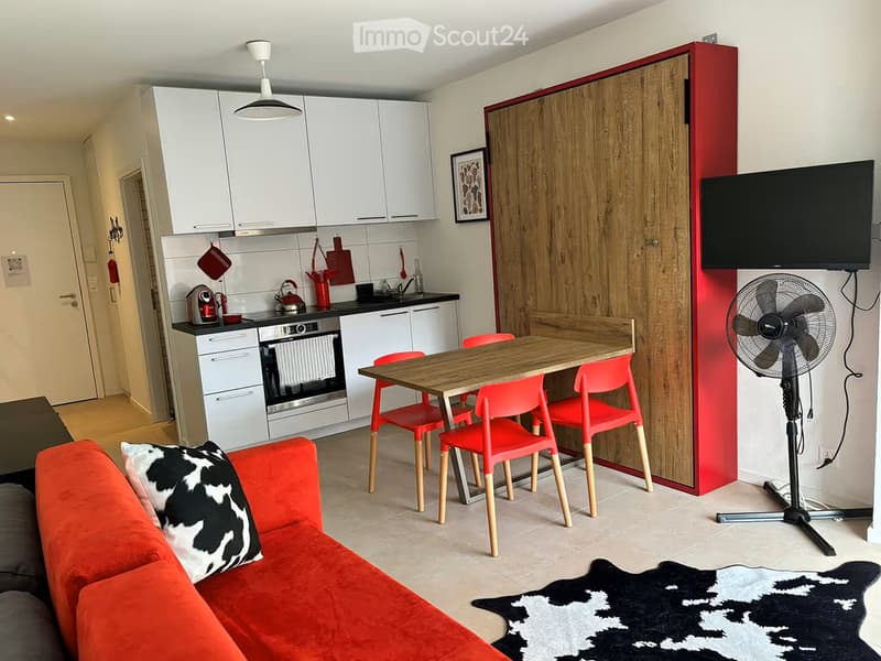 A modern, compact living space with a red accent wall, a sofa with a cowhide pillow, a dining table with four red chairs, a kitchen area with white cabinets, an oven, and a fan. The floor is tiled, and there is a cowhide rug on the floor.
