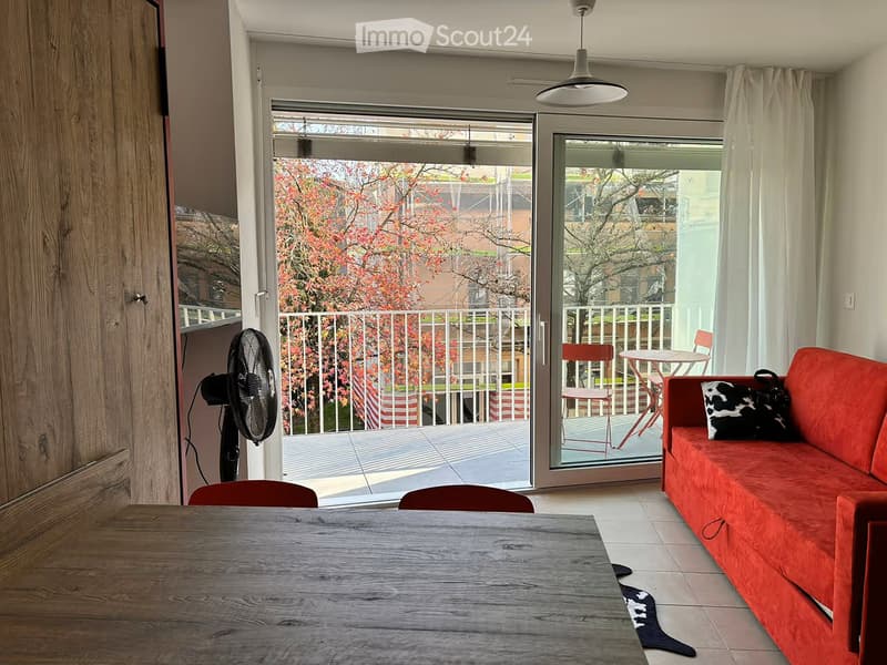 Bright living room with a red sofa, wooden dining table, chairs, and a fan near the sliding glass doors leading to a balcony.