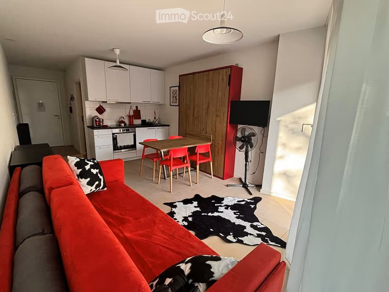 A modern, open-plan living and dining area with a red sofa, a wooden dining table with red chairs, a television on a stand, a fan, and a small kitchen area with white cabinets, an oven, and a sink.