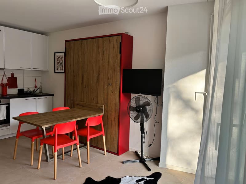 A compact, modern living space with a wooden table and red chairs, a fan, a television mounted on a red partition, a small kitchen area with white cabinets, and a picture frame on the wall.