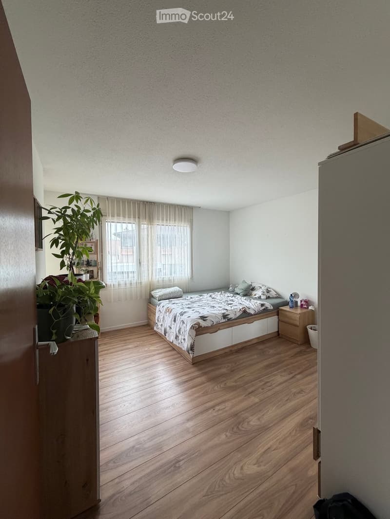 Cozy bedroom with wooden flooring, a bed with patterned bedding, a nightstand, and a large potted plant near the window.