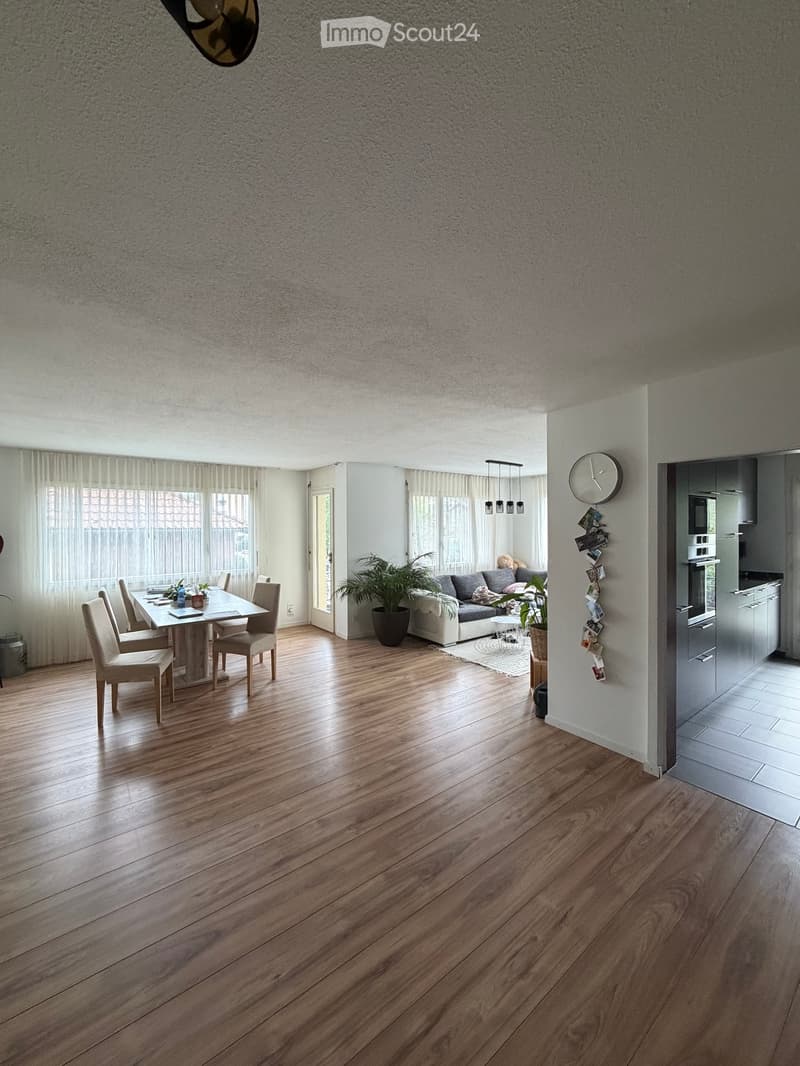 Open-plan living and dining area with wooden flooring, a sofa, dining table with chairs, potted plants, and a modern kitchen area visible in the background.