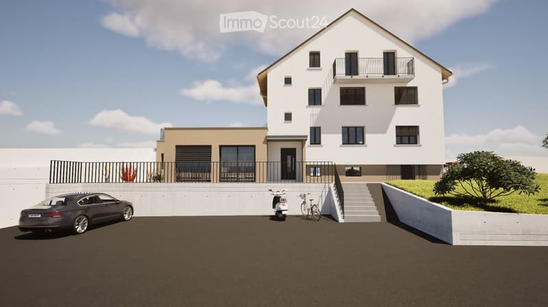 Modern two-story house with white and beige exterior, raised ground floor, balcony, and parking area.