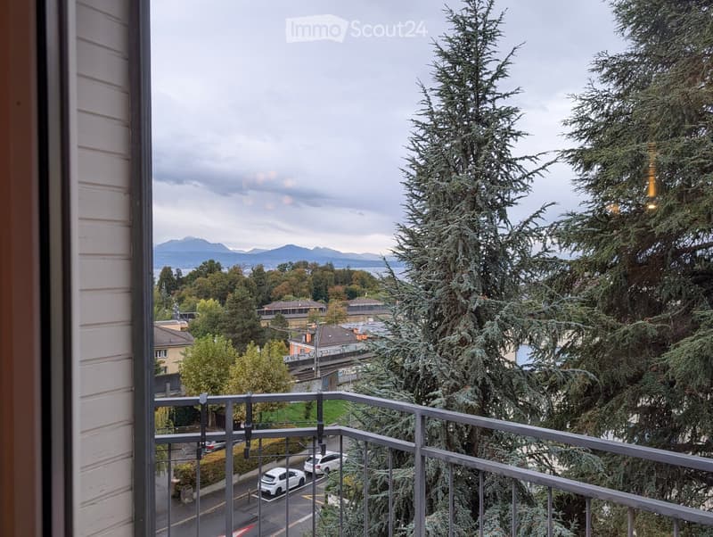Balcony overlooking a residential area with trees, parked cars, and distant mountains under a cloudy sky.