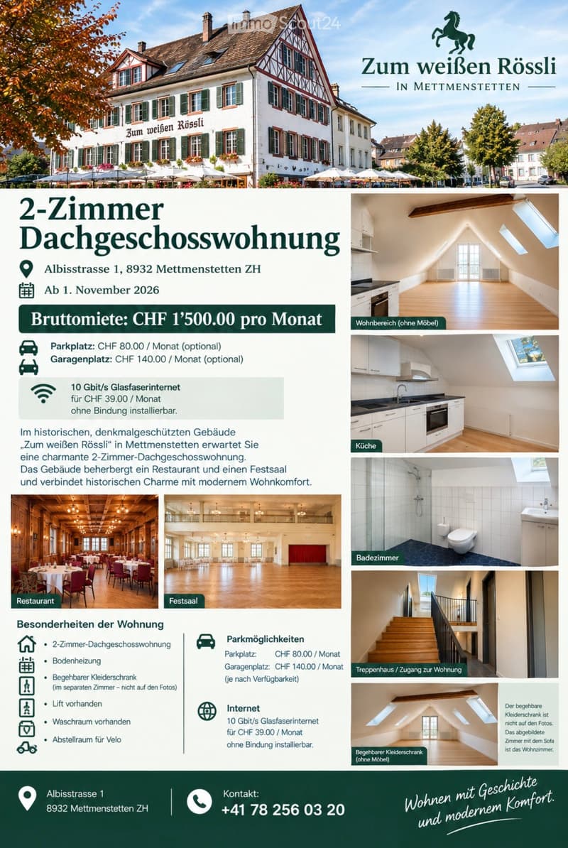 Brochure for a 2-room attic apartment in a historic building, featuring images of a restaurant, banquet hall, kitchen, bathroom, and living area.