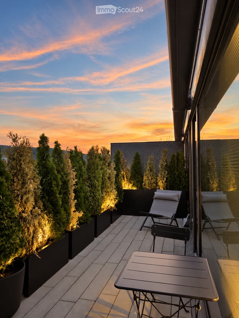 Balcony with modern furniture, including a table and chairs, surrounded by tall potted trees and a view of the sunset sky.