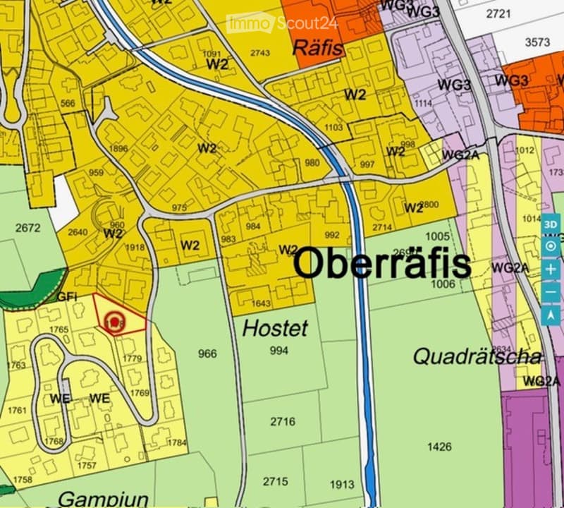 Topographic map showing the area of Oberräfis with labeled streets, zones, and landmarks including Hostet and Gampiu.