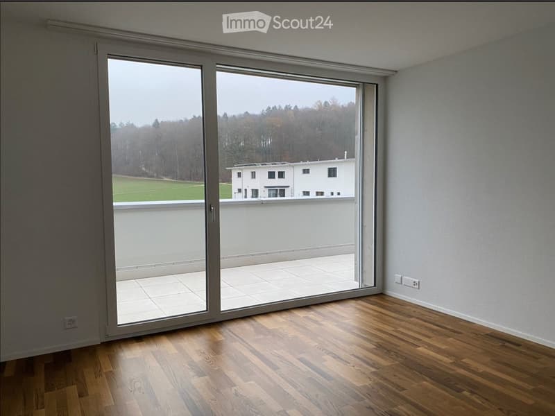 Empty room with wooden flooring, large sliding glass doors leading to a balcony, and a view of a green field and a white building.