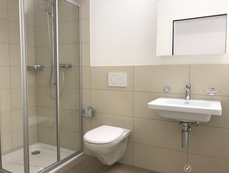 Modern bathroom with a toilet, sink, and glass-enclosed shower. Light-colored tiles and a sleek design.