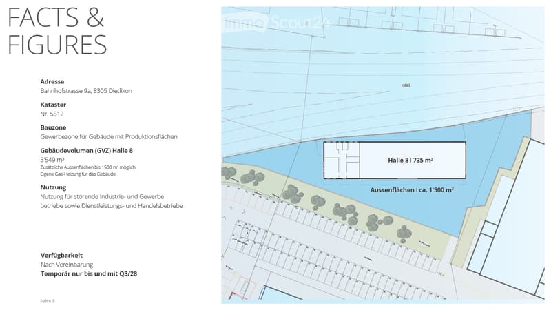 Floor plan of a commercial building with production spaces, showing layout of Hall 8 (735 m²) and outdoor areas (ca. 1500 m²).
