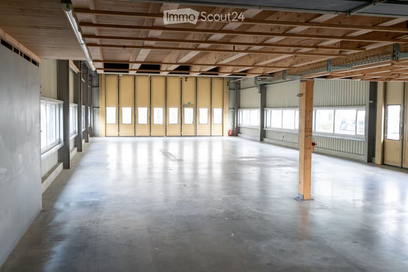 Empty industrial-style space with concrete floor, exposed wooden beams, large windows, and multiple doors.