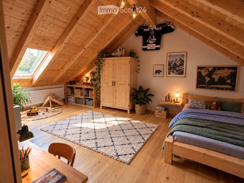 Cozy attic bedroom with wooden beams, slanted ceilings, and large windows. Features a bed with pillows and blankets, a wooden table with a chair, a cabinet, a lamp, picture frames, plants, and toys.