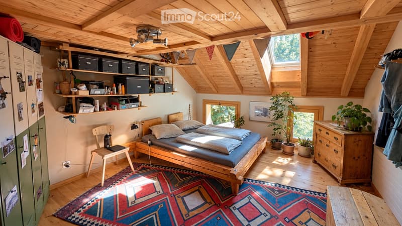 Cozy, wooden-furnished room with a bed, chair, shelves, potted plants, and a colorful rug.