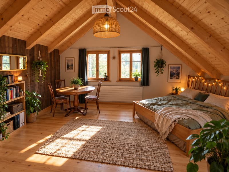 Cozy attic bedroom with wooden beams, slanted ceilings, and large windows. Features a wooden bed, round wooden table with chairs, bookshelf, and hanging plants.