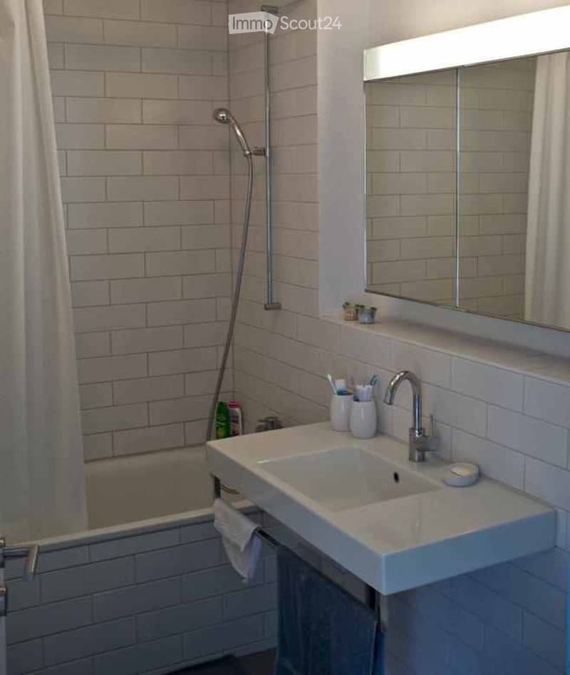 Modern bathroom with white brick tiles, a white sink with a chrome faucet, a large mirror, and a shower hose attached to the wall.