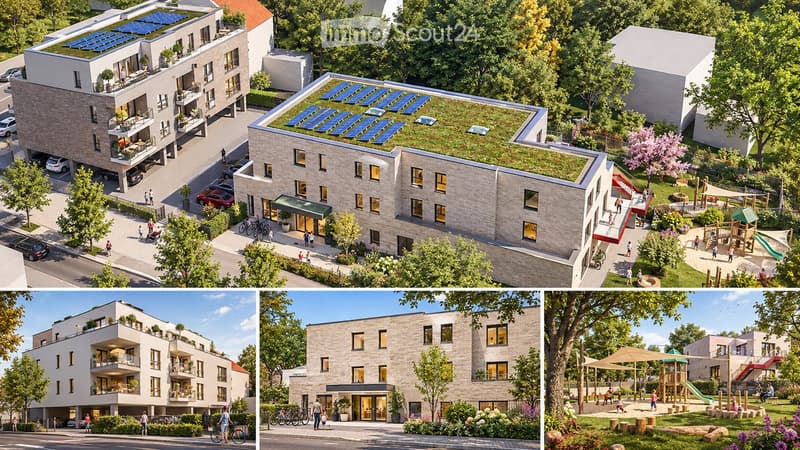 A modern residential complex with multiple buildings, green roofs, balconies, and a landscaped courtyard with playground and seating areas.