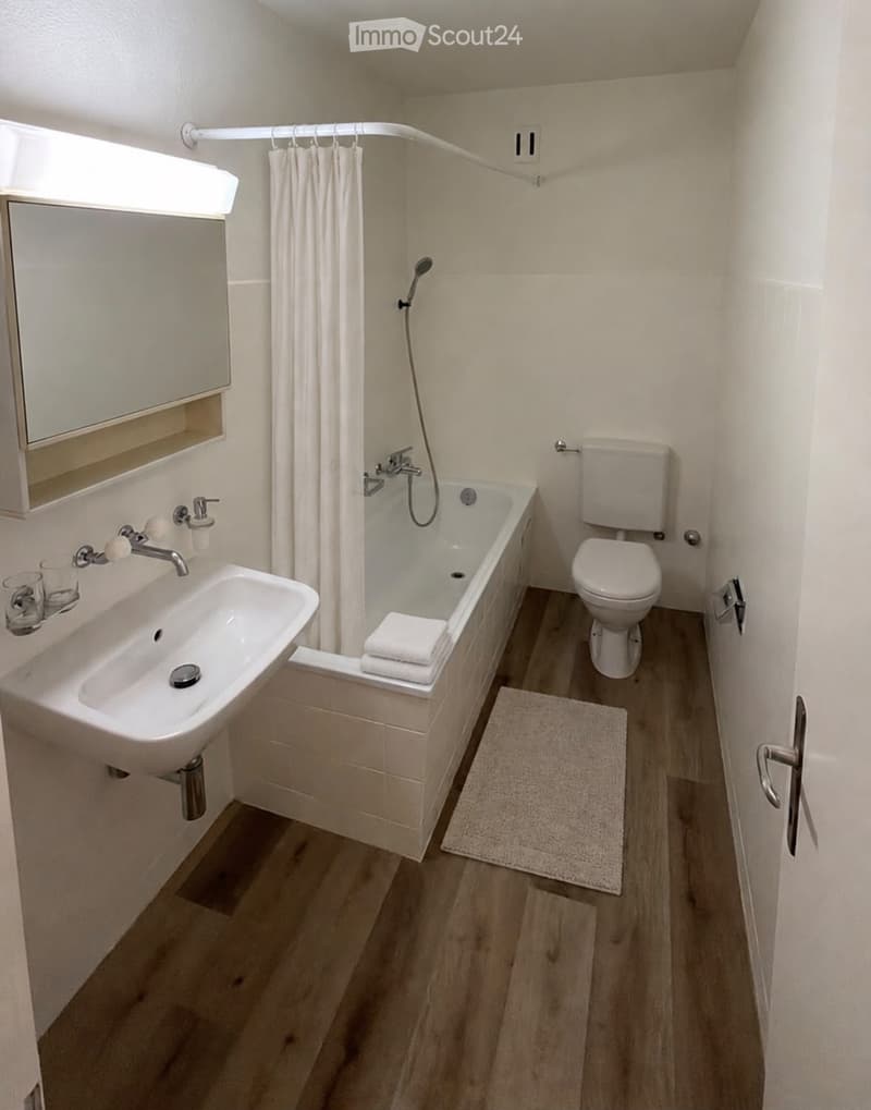 Modern bathroom with a white sink, bathtub, toilet, and mirror. Wooden flooring and a small rug near the bathtub.