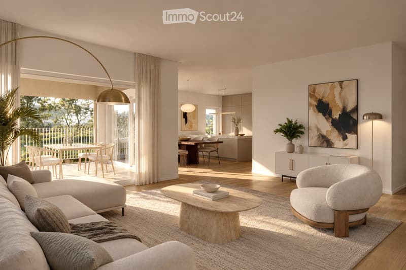Modern living room with a curved sofa, coffee table, and a dining area visible in the background. Features large windows with curtains, a pendant light, and a painting on the wall.