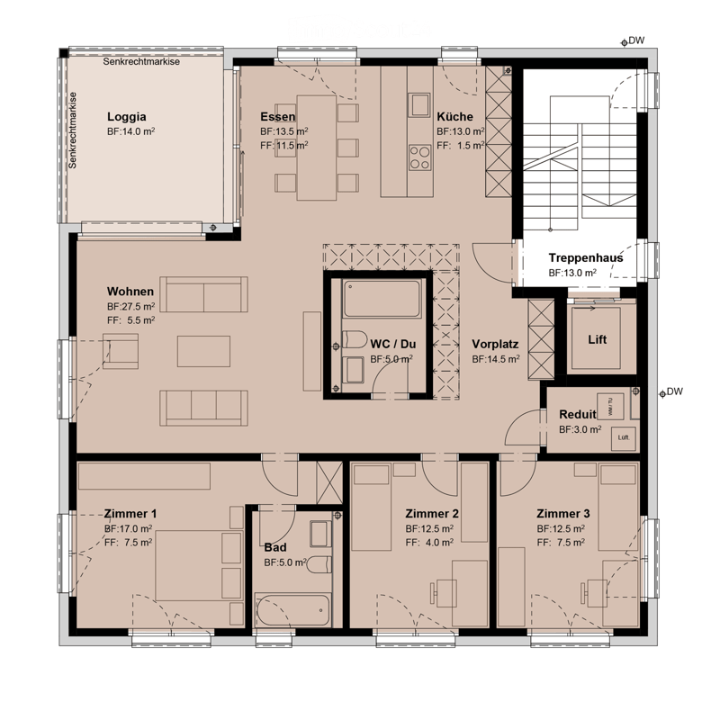 Floor plan of a residential unit with living room, dining area, kitchen, three bedrooms, bathroom, WC, hallway, and a small balcony.